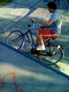 An omafiets can even take the abuse my friend Rob can dole out on a skateboard ramp!