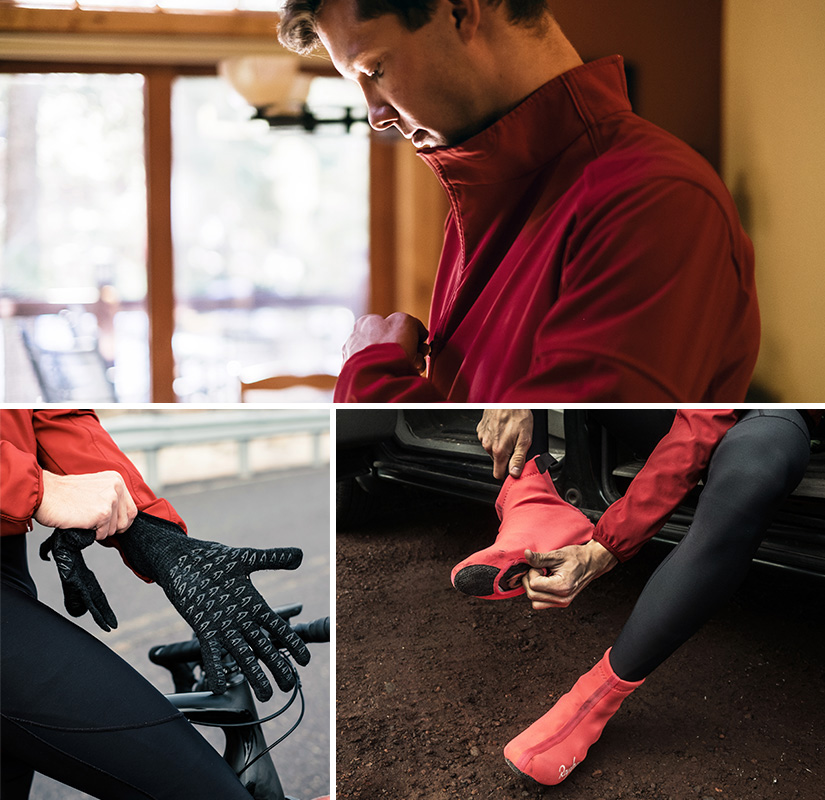 This cyclist is completing a winter cycling training plan outdoors with a jacket, gloves, and shoe covers.