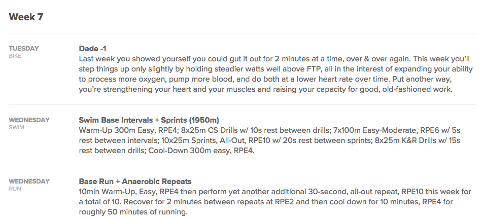 This is a detailed view of daily workouts in a triathlon training plan.