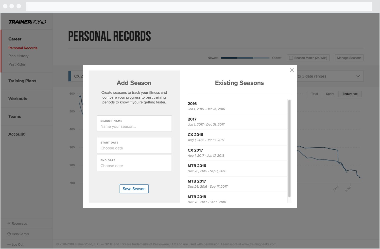 Add seasons in the Manage Seasons modal