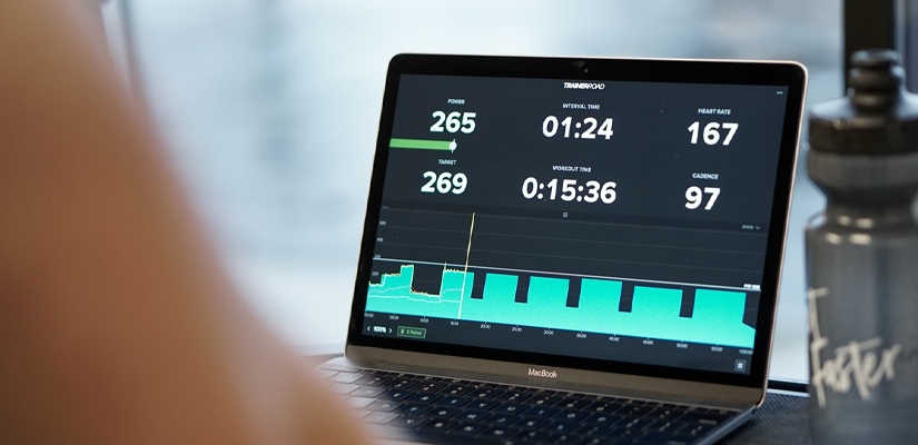 Here is a computer displaying a TrainerRoad workout. The FTP in cycling means the workout is scaled to an individuals fitness.