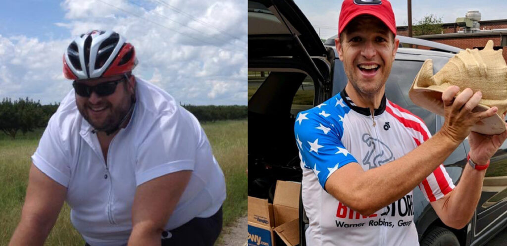This is a before and after picture of a cyclist that lost 145 pounds