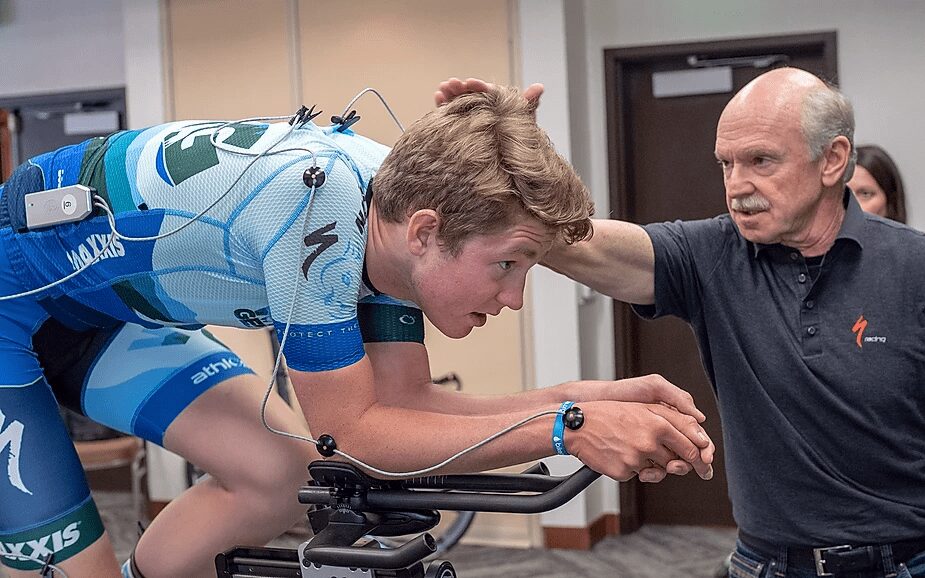 Andy Pruitt fits an athlete to a Time Trial bike.
