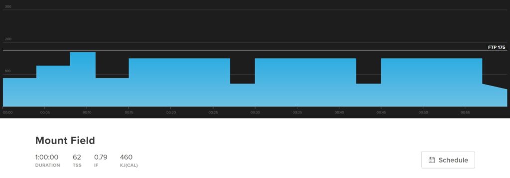 Mount Field is part of a cycling base training plan with three twelve minute intervals at eighty five percent of your FTP. It's one hour long and is 62 TSS.