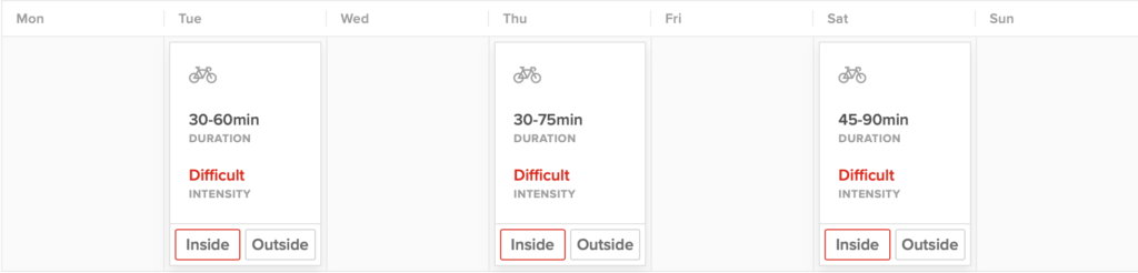 This is a chart of TrainerRoad cycling workouts, leaving Wednesday, Friday, and Sunday free without having to combine strength and cycling training. 