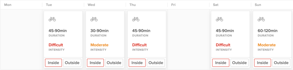 This is a chart of a mid-volume TrainerRoad cycling workouts showing the best options to combine strength and cycling training on Wednesday, Friday, or Sunday.  