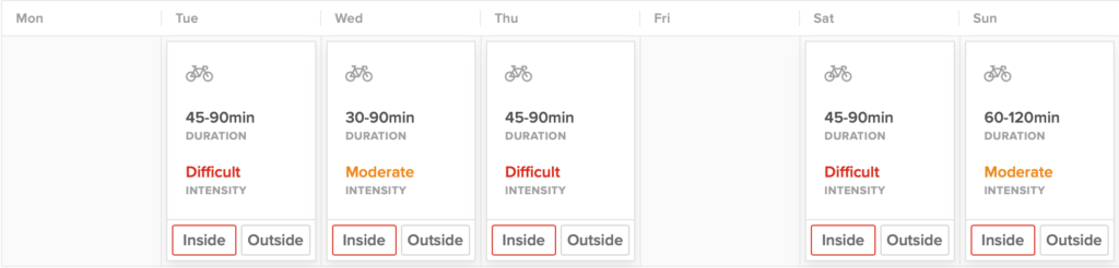 This is a chart of a mid-volume TrainerRoad cycling workouts showing the best options to combine strength and cycling training on Wednesday, Friday, or Sunday.