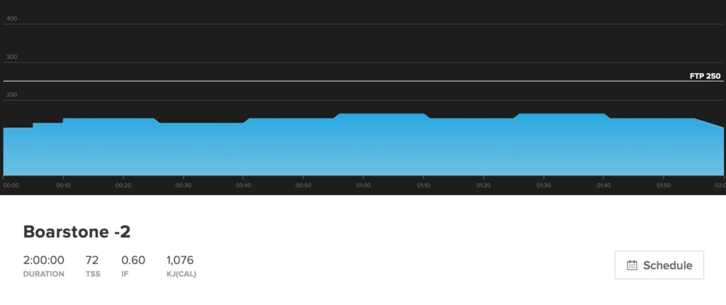 Endurance workouts for a century like this chart shows is two hours long spent between 55-65% of FTP.