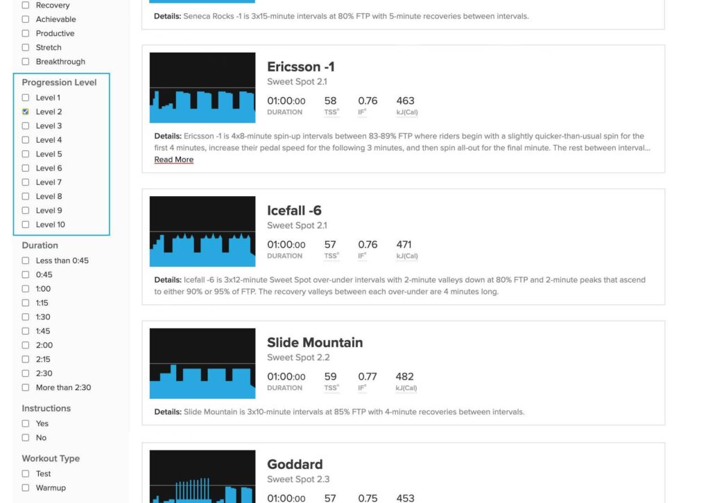 This is a screenshot showing the new Workout Levels filter.