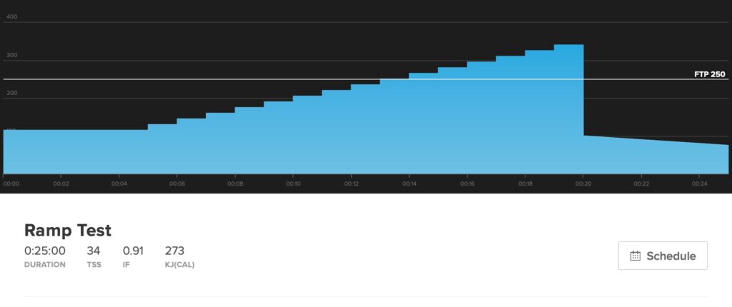 This workout graph show the ramp test with the power increasing in one-minute steps.