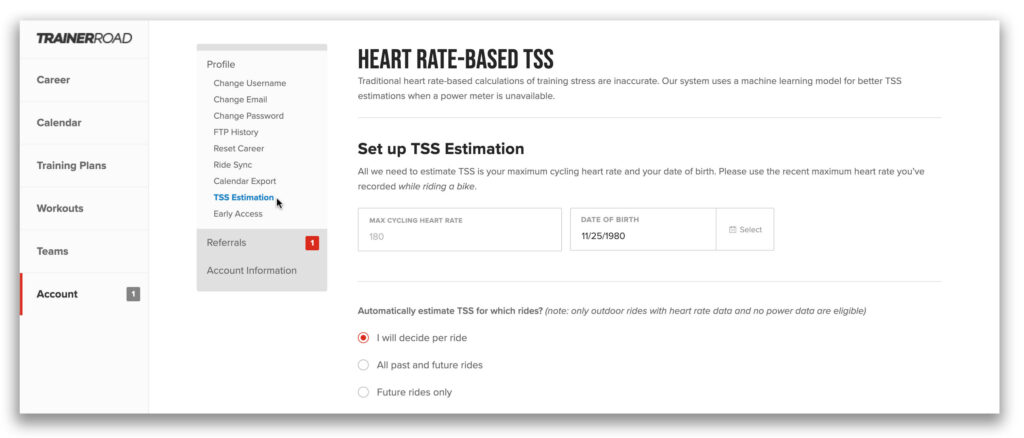 Setting up TSS Estimation from the Account menu 