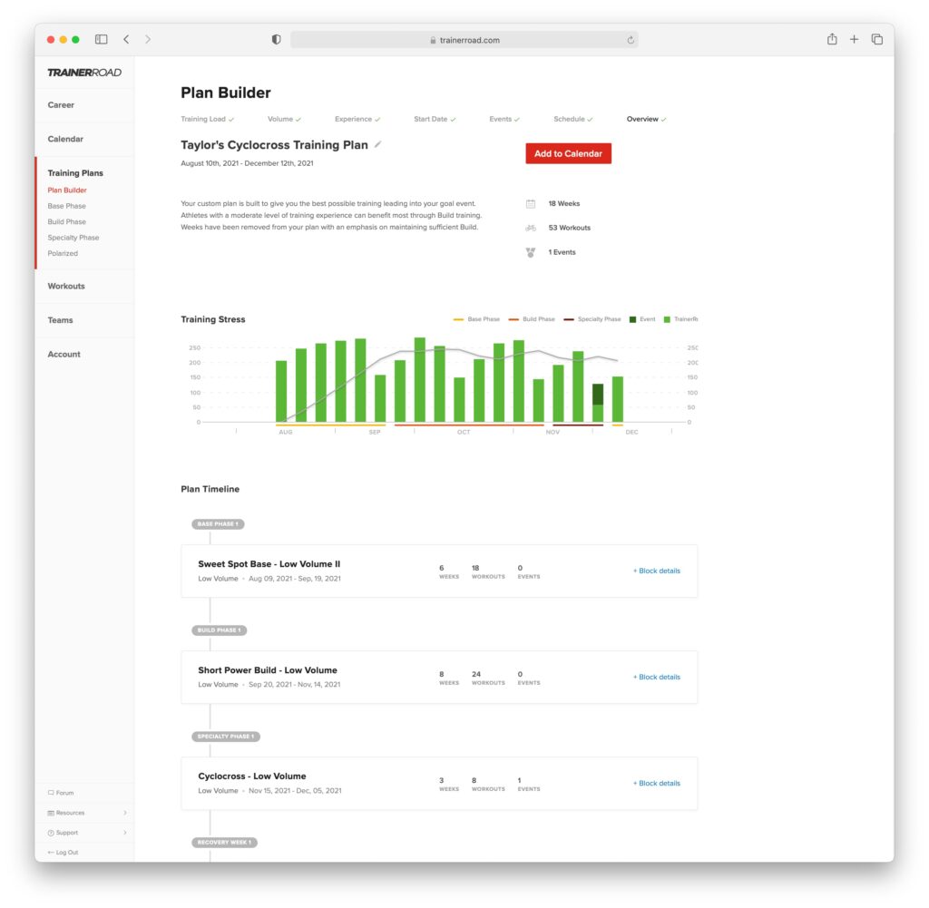 This image shows a calendar preview for a low-volume cyclocross training plan with three workouts per week.