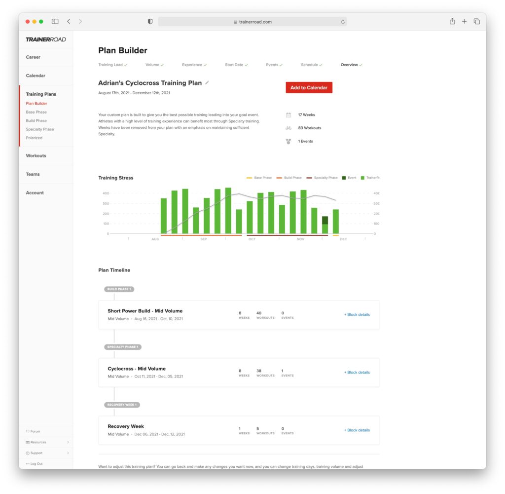 This image shows a calendar preview for a mid-volume cyclocross training plan with five workouts per week.