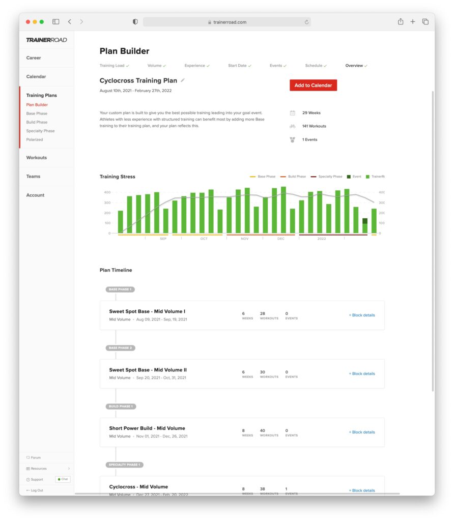 This image shows a calendar preview for a twenty-eight week cyclocross training plan with five workouts per week.