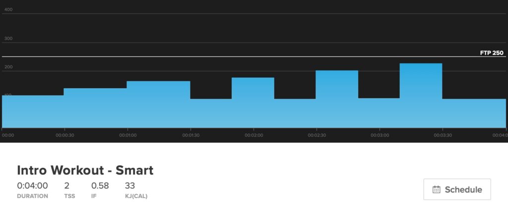 This images shows the indoor cycling workout, Intro. It features a short intervals. It's four minutes long and only 2 TSS.