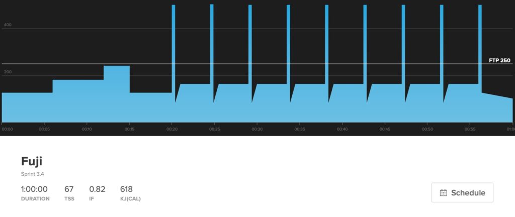 This is the cycling sprint workout Fuji. It's one hour long with 67 TSS with an IF of .82. It shows nine sprint intervals.