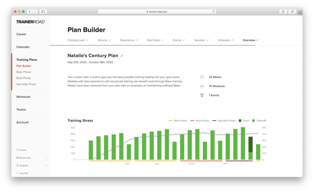 A structured training plan for a cyclist doing a century.