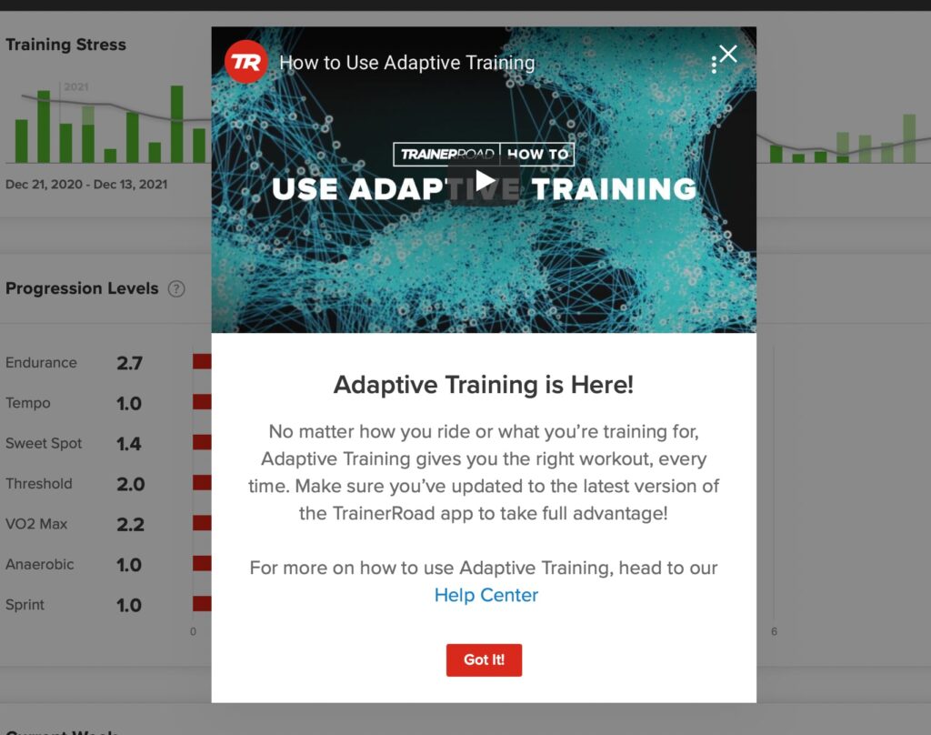This is the Adaptive Training notification and says that Adaptive Training is Here. 