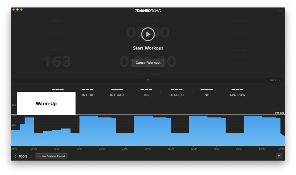 This is the chart for the workout Ericsson. It's a one hour sweet spot workout. A box is showing the warm-up portion of the workout. 