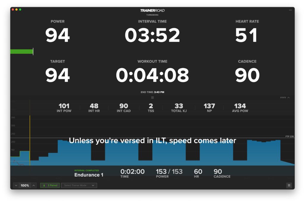This is a screenshot from the TrainerRoad app of the workout Tunnabora. It's showing the onscreen workout text for ILT drills.