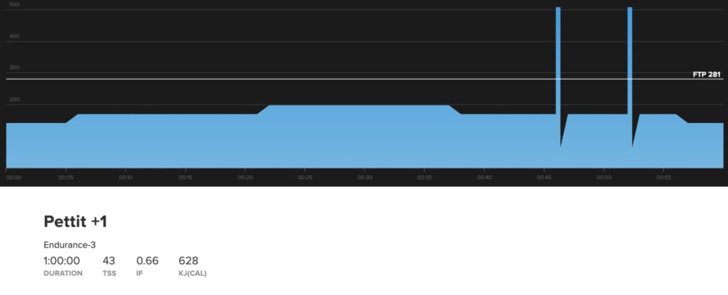 This is the workout chart for Pettit +1. It's one hour long of endurance riding, but includes two high-power sprints towards the end of the workout.