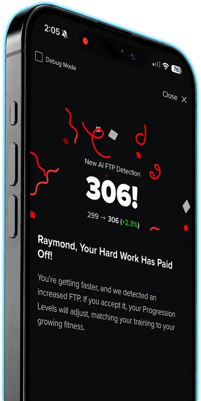 The TrainerRoad app detecting an FTP increase from 299 to 306 watts